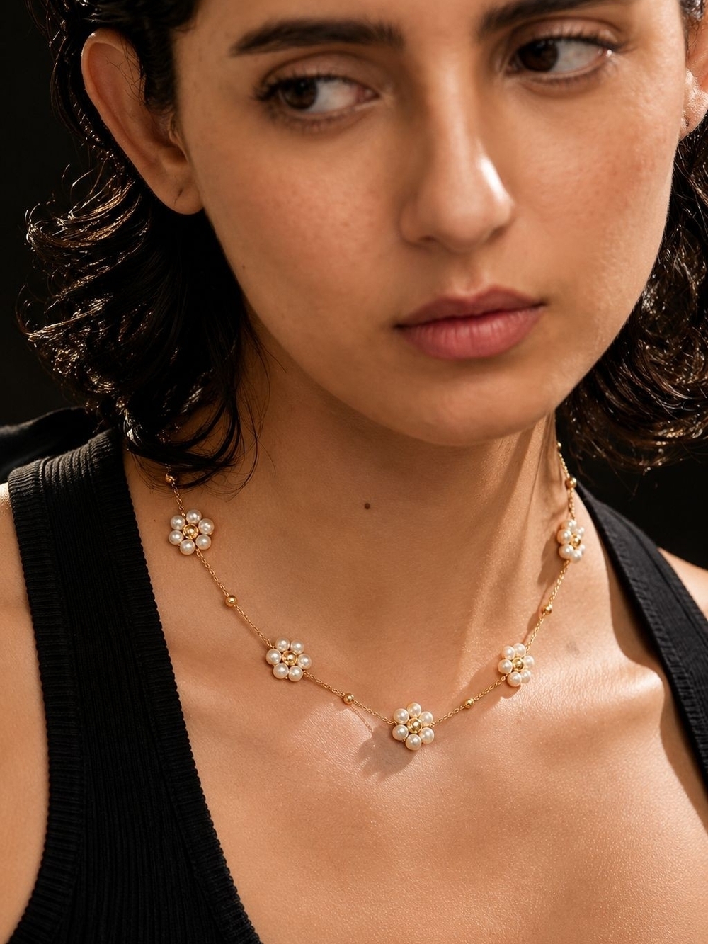 Gold Necklace with Pearl Floral Stations
